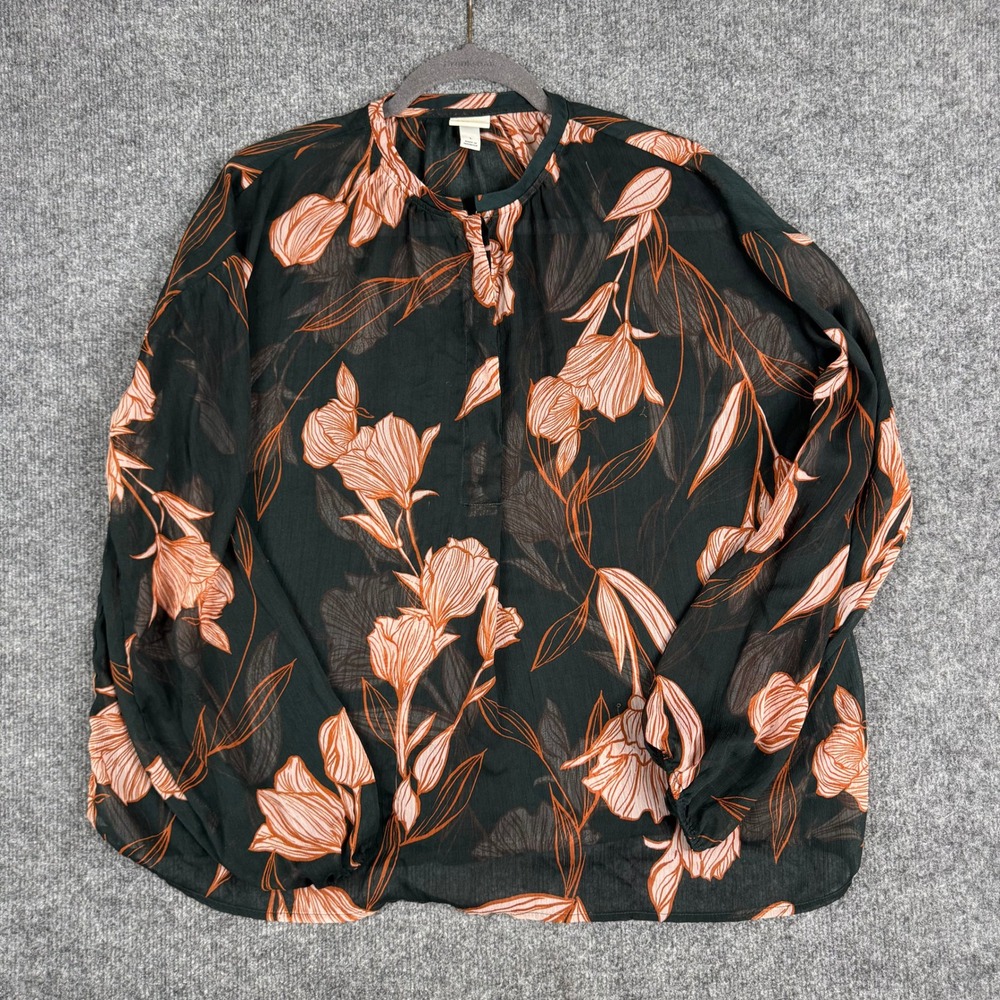 A New Day Blouse Womens Size L Black Floral Sheer Long Sleeve Henley Casual Top
